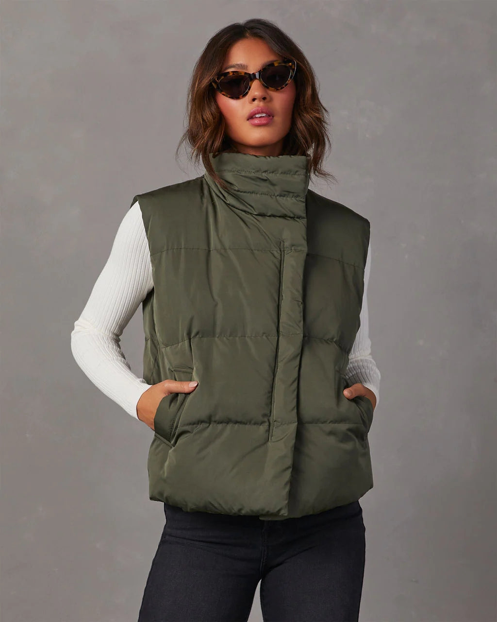 Olive Green Pocketed Puffer Vest