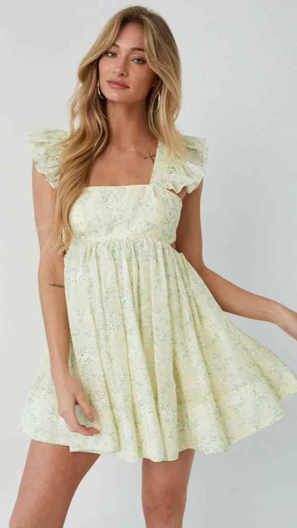 Lime Floral Girly Mini Dress