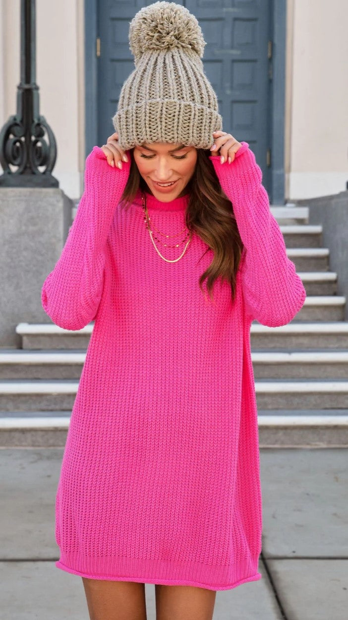 Hot Pink Ribbed Knit Sweater Dress