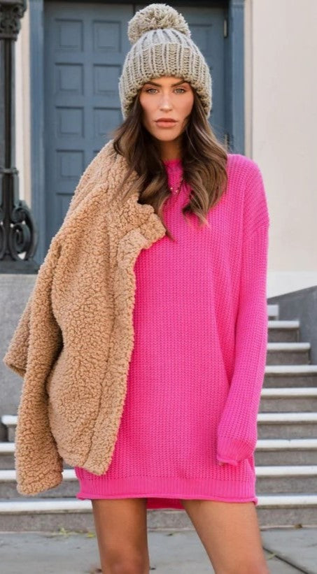 Hot Pink Ribbed Knit Sweater Dress