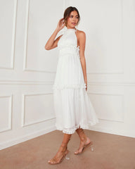 White Hatler Neck Midi Dress