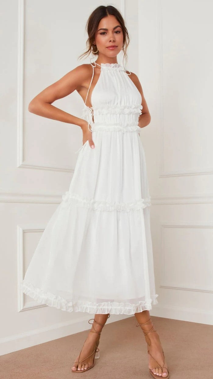 White Hatler Neck Midi Dress