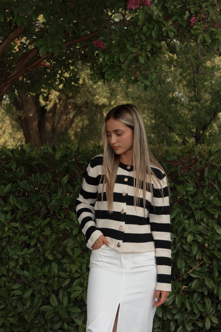 Black White Striped Knit Cardigan