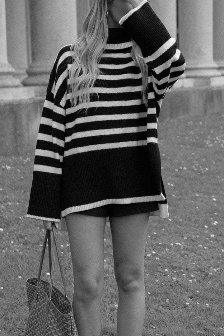 Black Striped Print Knit Sweater