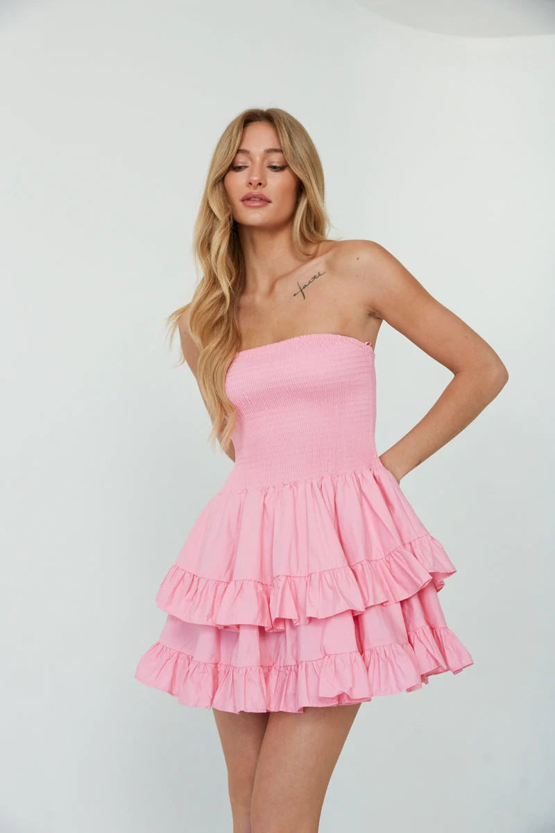 Pink Tiered Strapless Mini Dress