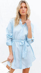 Blue Waist Tie Shirt Dress