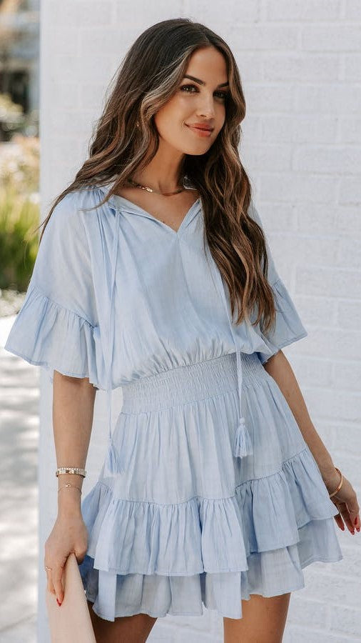 Blue Necktie Smocked Waist Dress