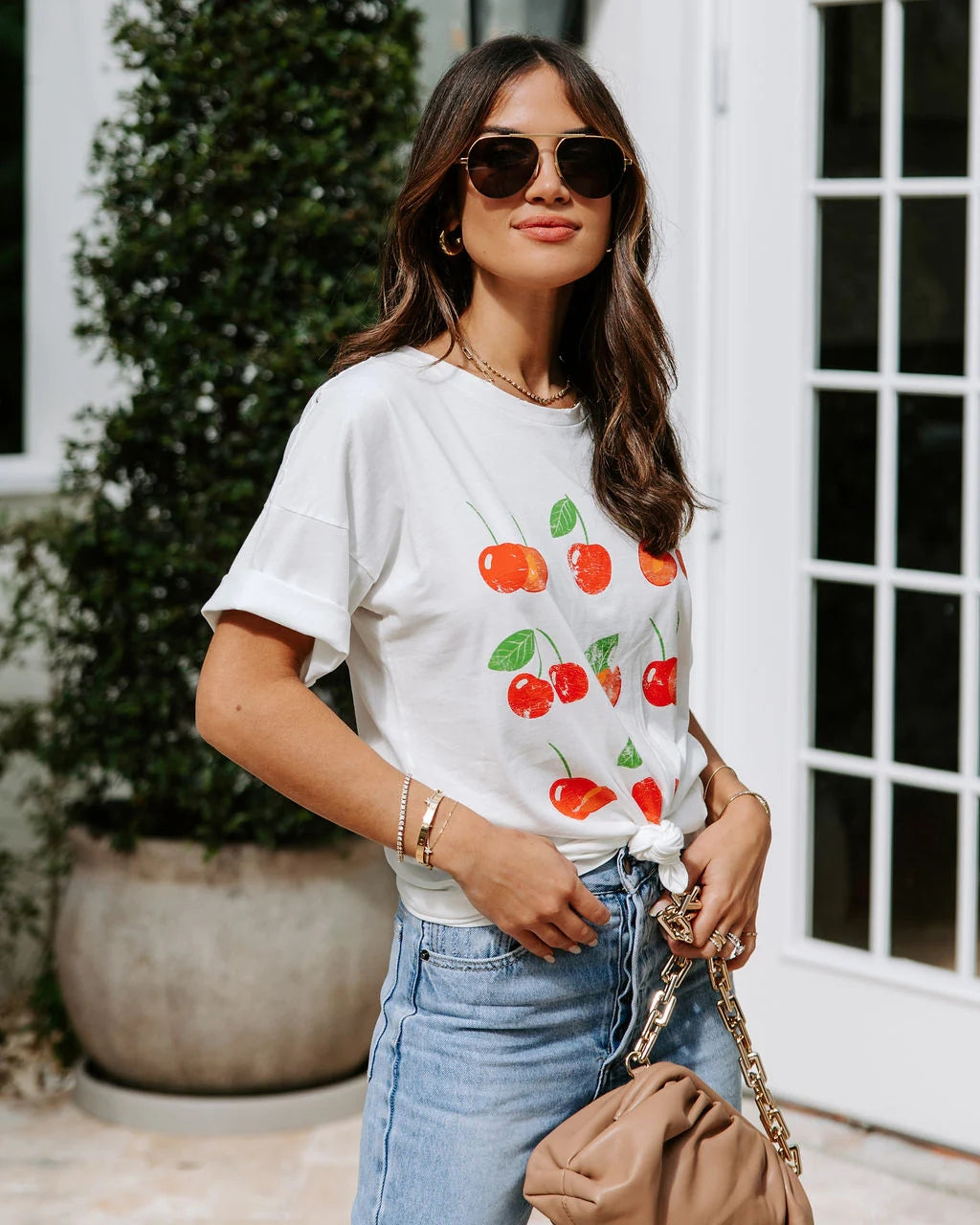 White Fruits Print Short Sleeves Tee