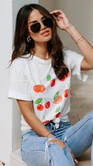 White Fruits Print Short Sleeves Tee