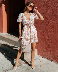 Orange Floral Knot Mini Dress