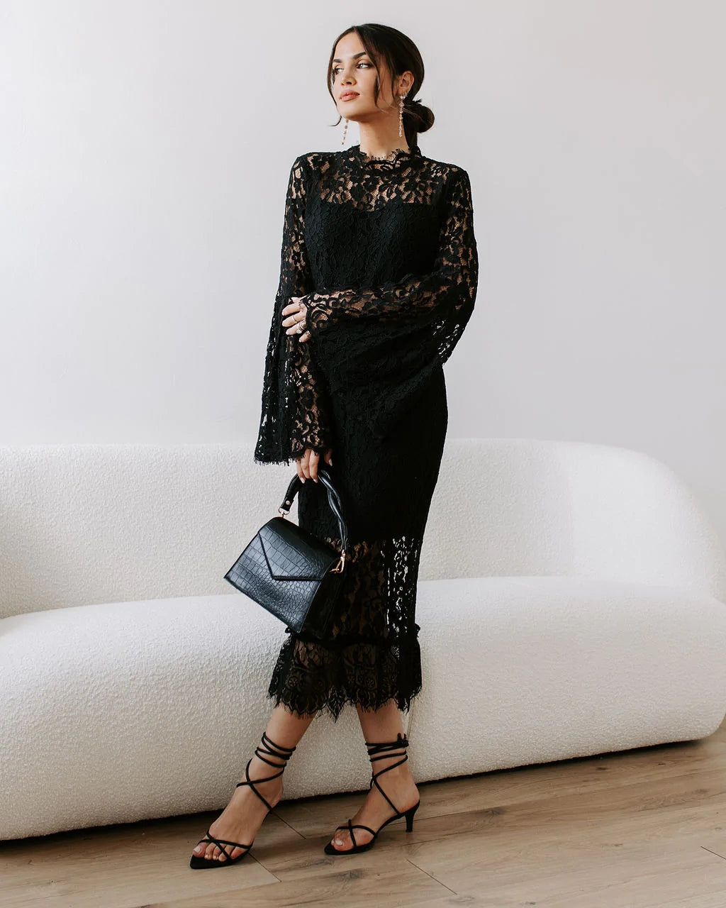 Black Crochet Lace Midi Dress