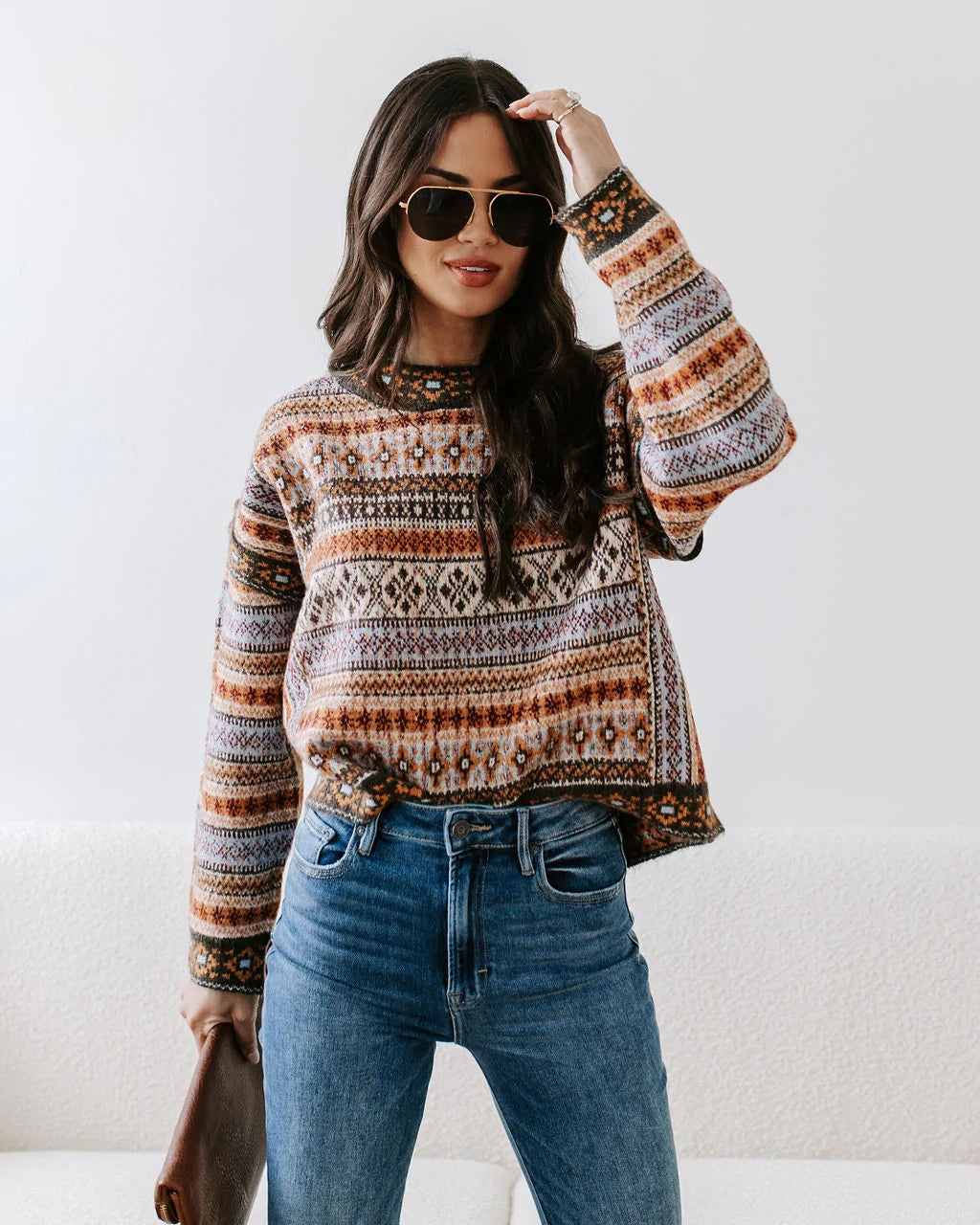 Brown Vintage Printed Knit Sweater