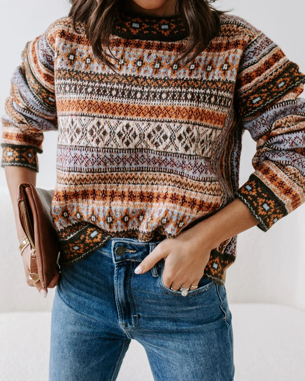 Brown Vintage Printed Knit Sweater