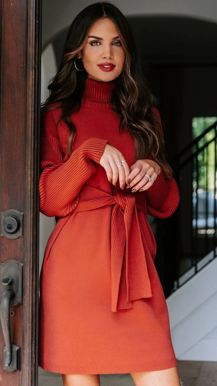 Rust Waist Knot Sweater Dress