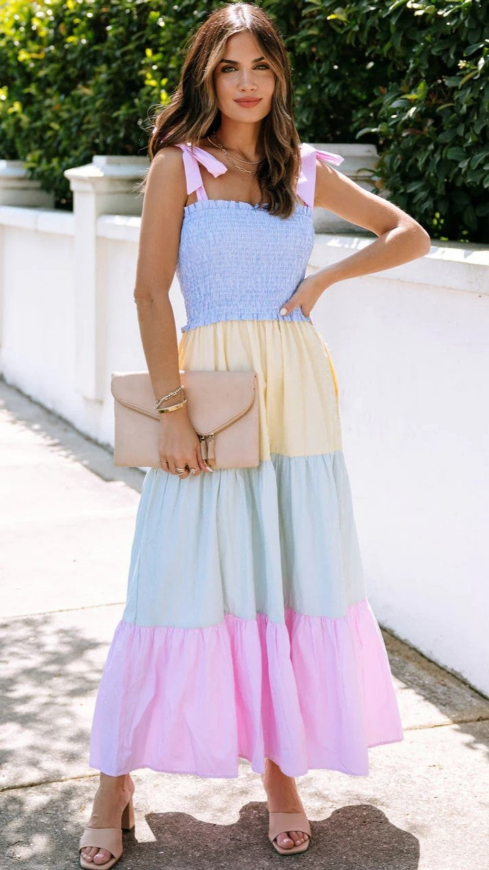 Color Block Shoulder Tie Maxi Dress