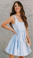 Blue Solid Tiered Babydoll Dress