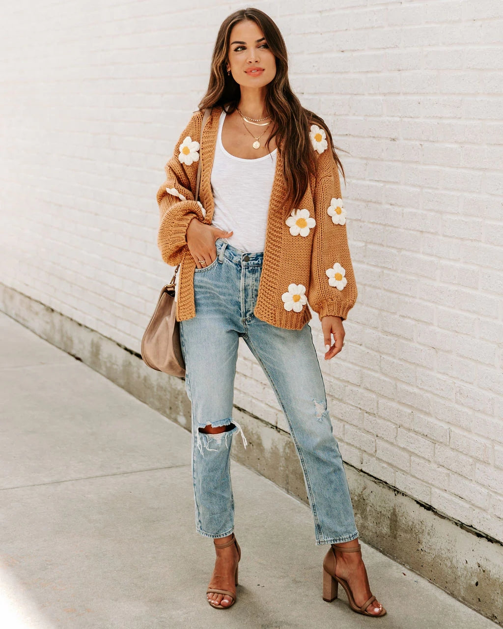 Camel Daisy Open Front Cardigan