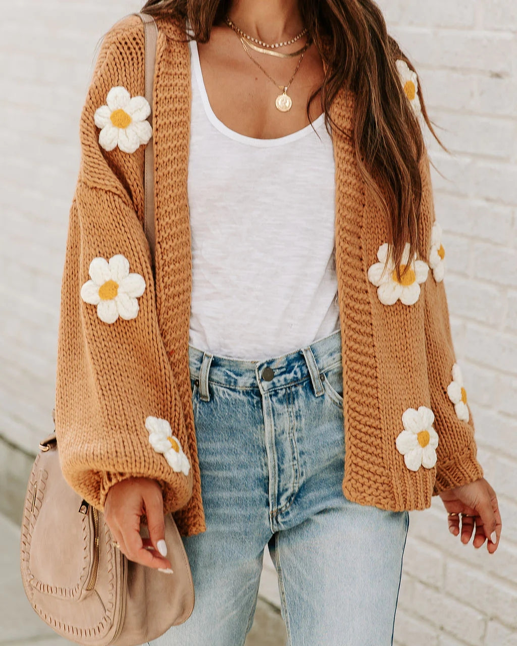 Camel Daisy Open Front Cardigan