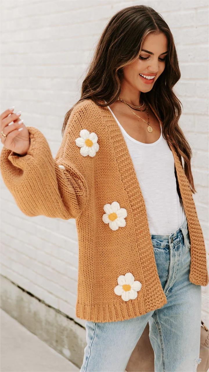 Camel Daisy Open Front Cardigan