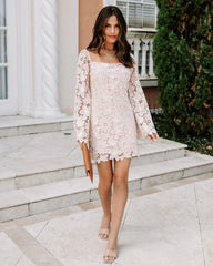 Beige Crochet Lace Long Sleeves Dress