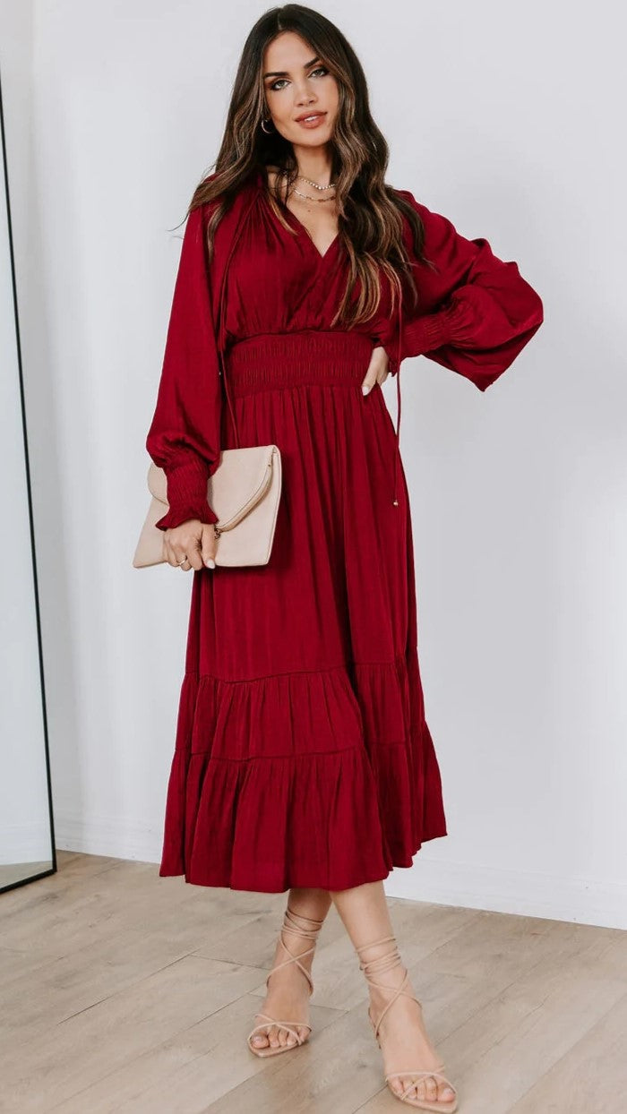 Burgundy Long Sleeves Midi Dress