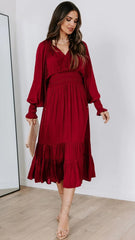 Burgundy Long Sleeves Midi Dress