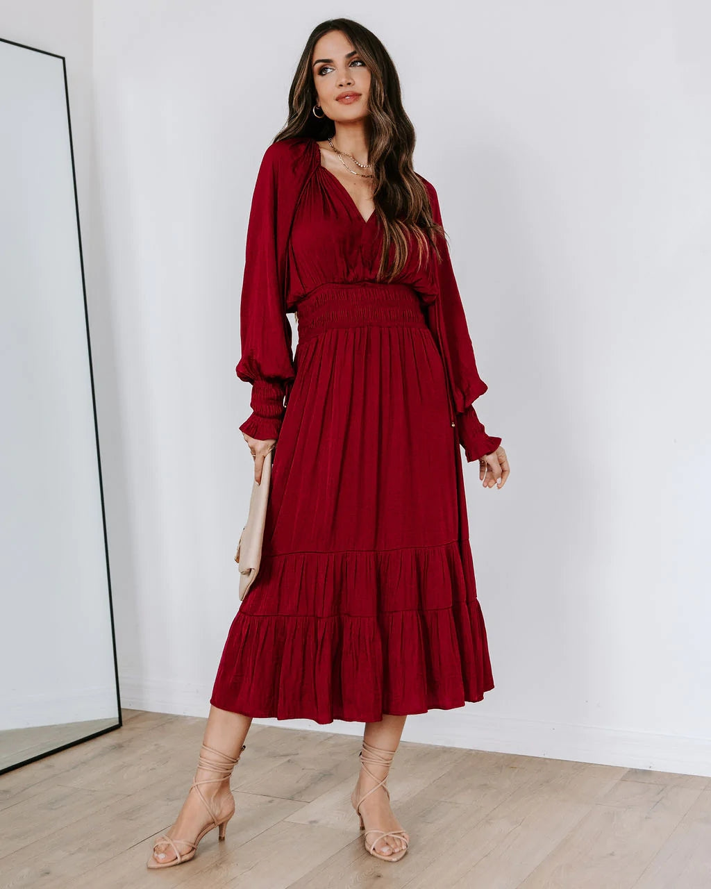 Burgundy Long Sleeves Midi Dress