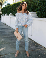 Blue Floral Off Shoulder Blouse