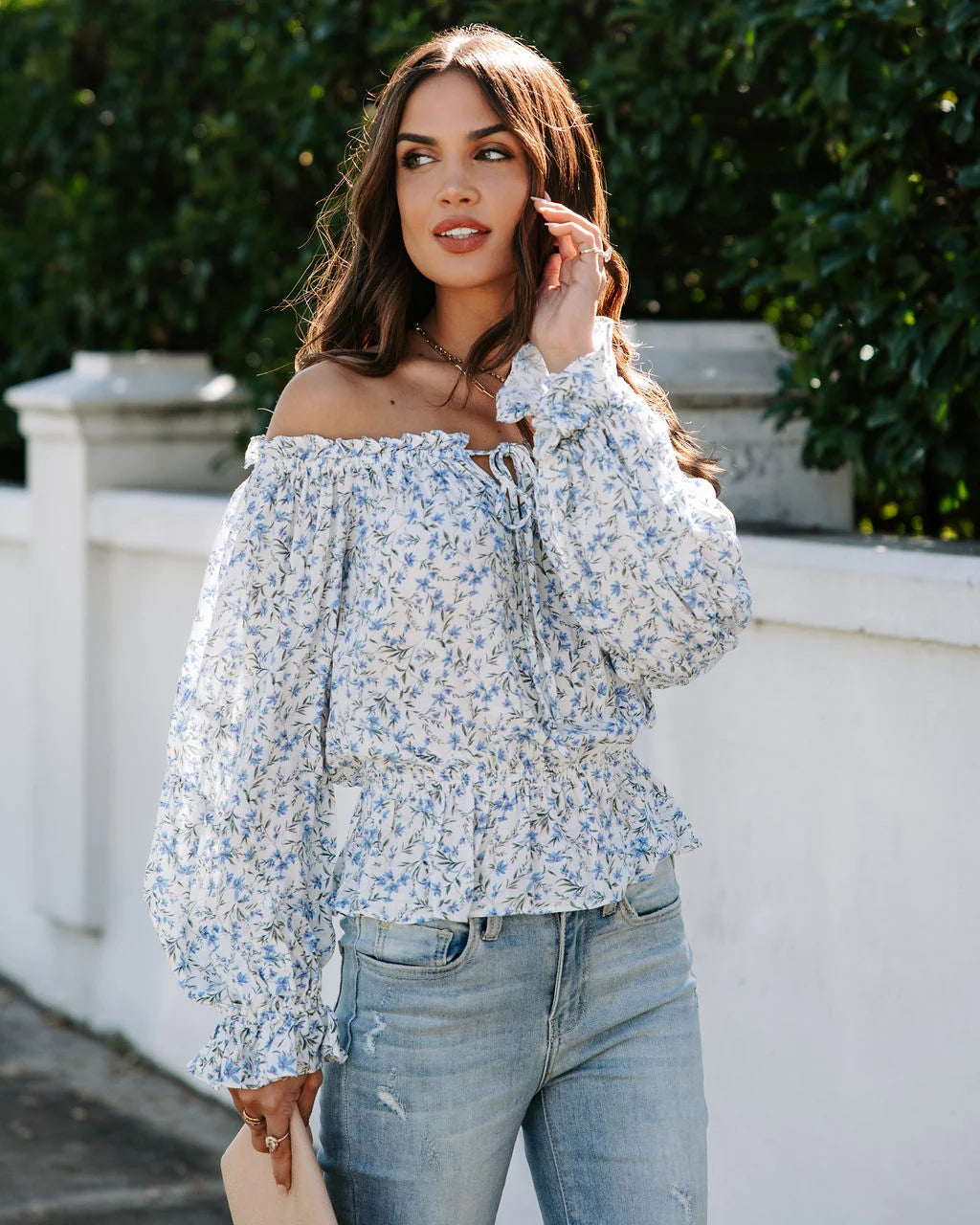 Blue Floral Off Shoulder Blouse