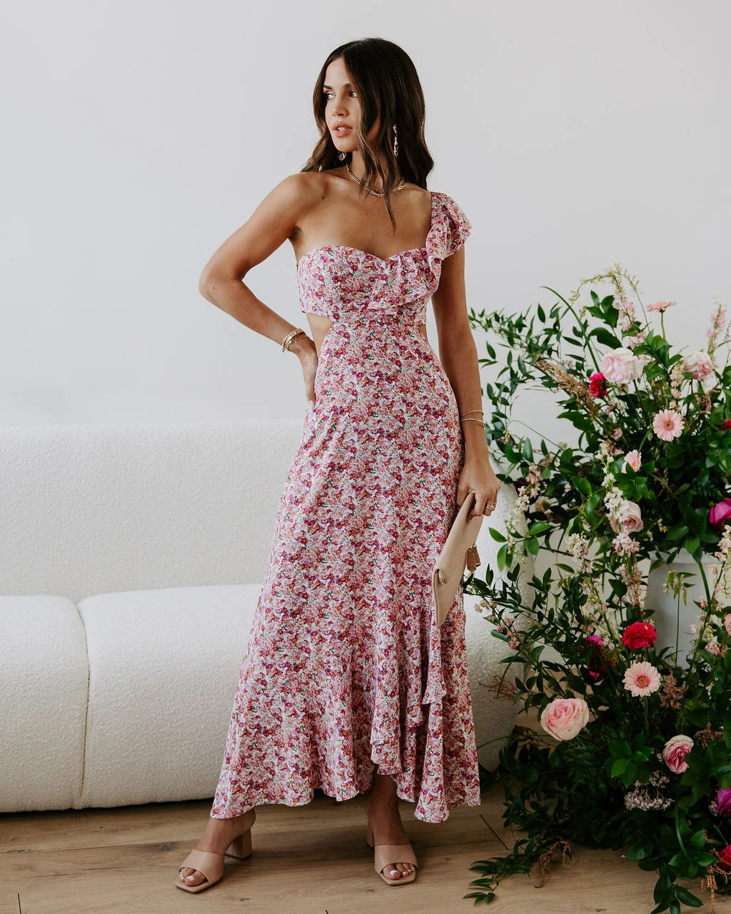 Pink Floral One Shoulder Midi Dress