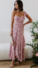 Pink Floral One Shoulder Midi Dress