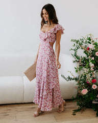 Pink Floral One Shoulder Midi Dress