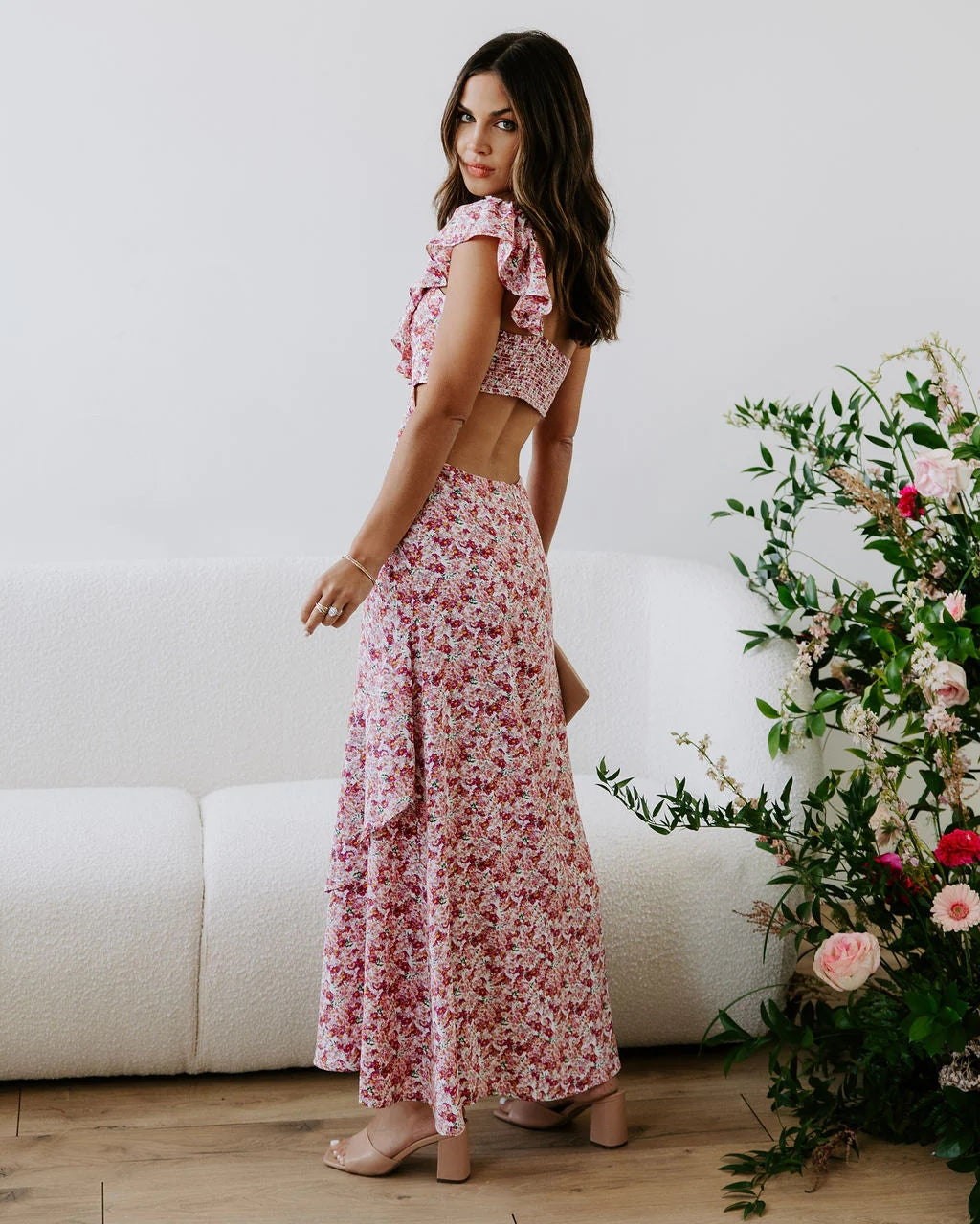 Pink Floral One Shoulder Midi Dress