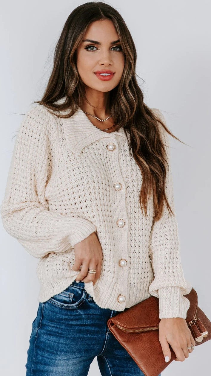 Beige Knit Button Front Cardigan