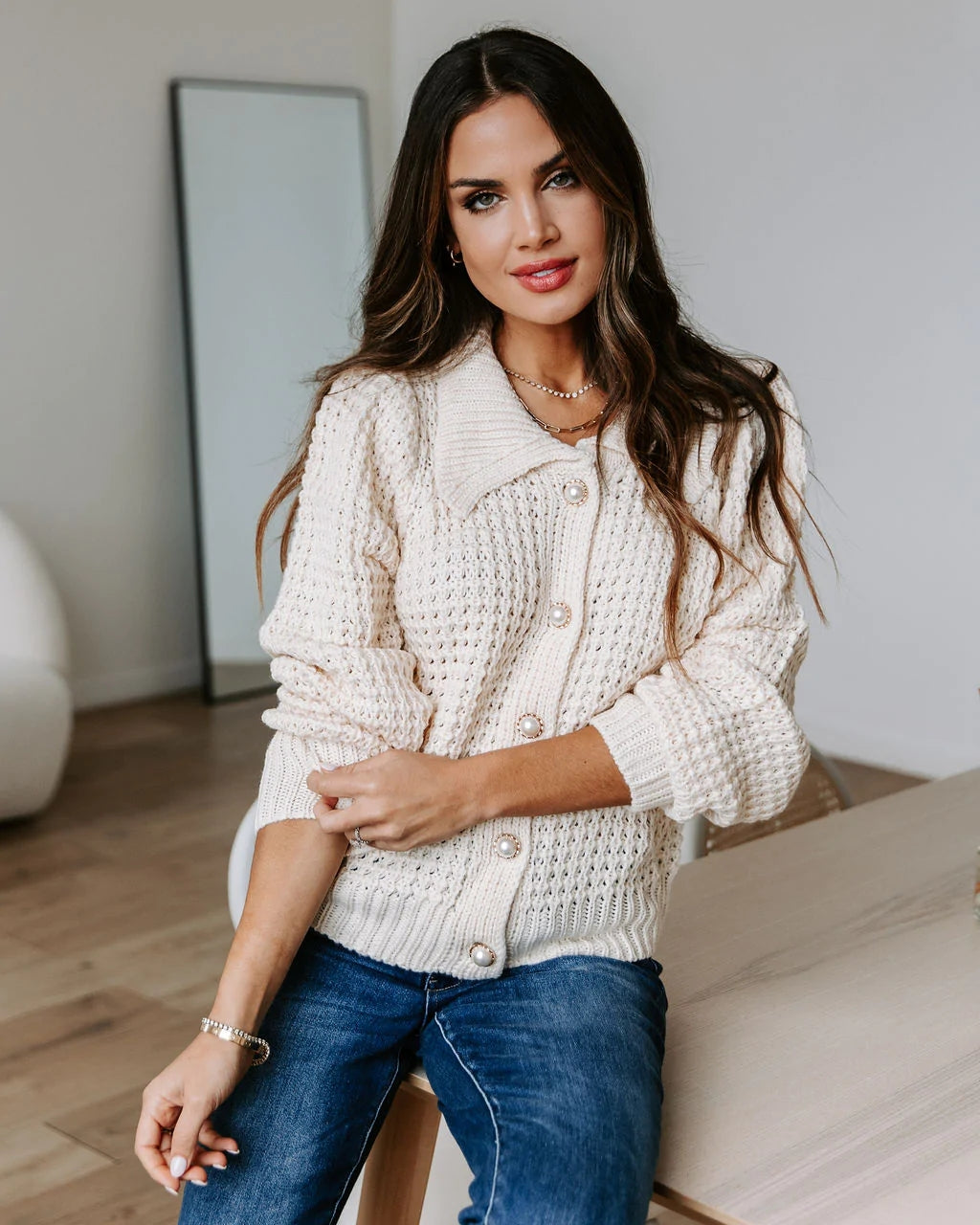 Beige Knit Button Front Cardigan