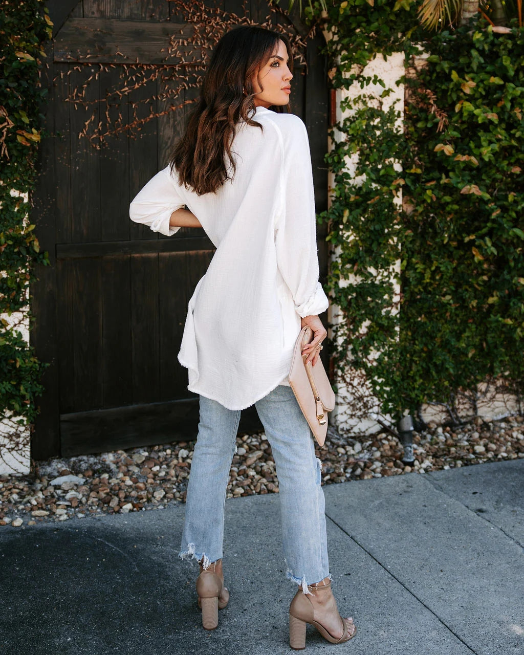 White Solid Button Down Tunic Dress