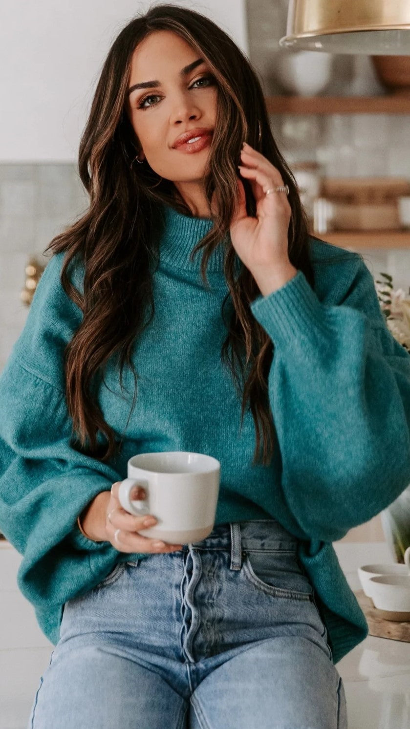 Teal Cowl Neck Knit Sweater