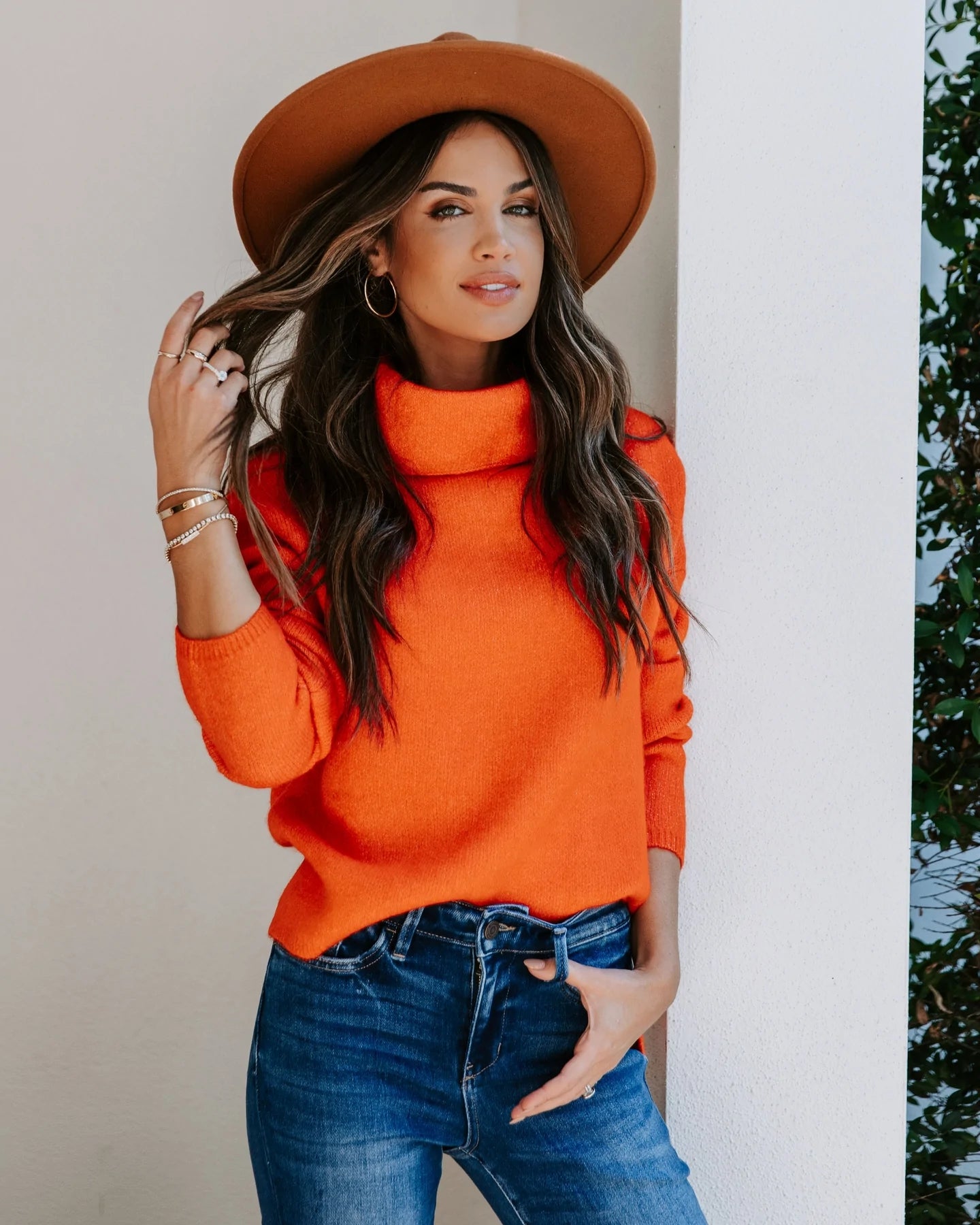 Orange Cowl Neck Knit Sweater