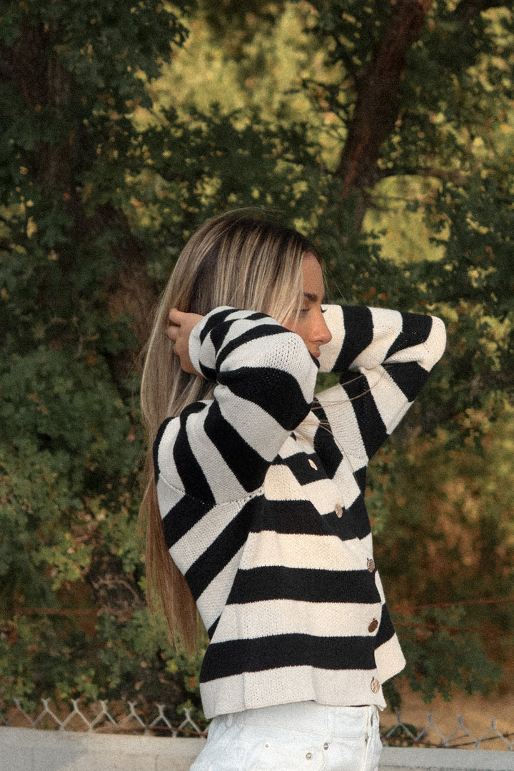 Black White Striped Knit Cardigan