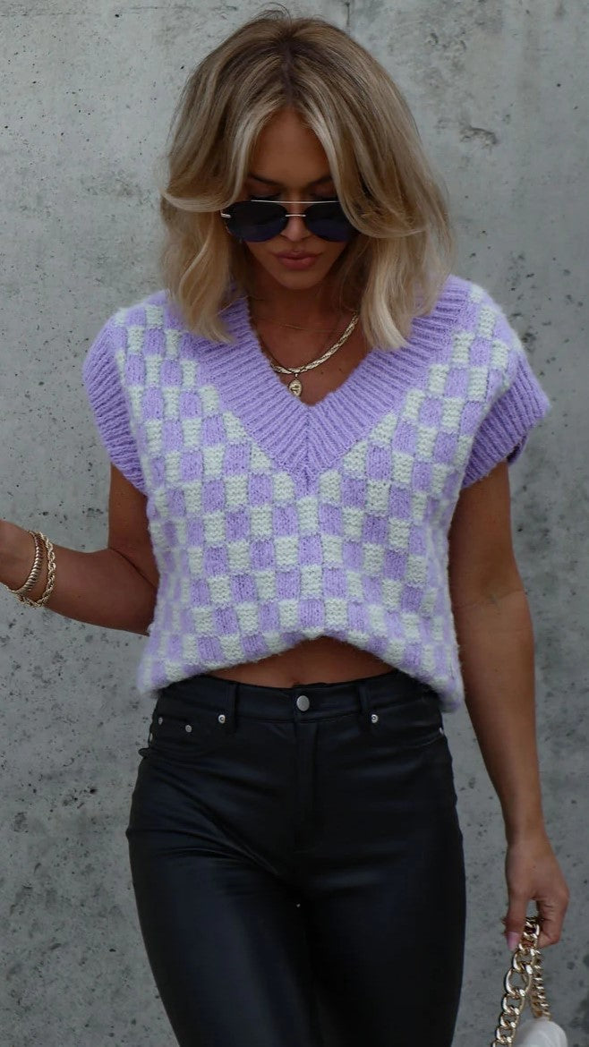 Purple Checkered Print Knit Vest