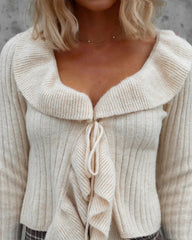 Cream Ribbed Knit Ruffled Cardigan