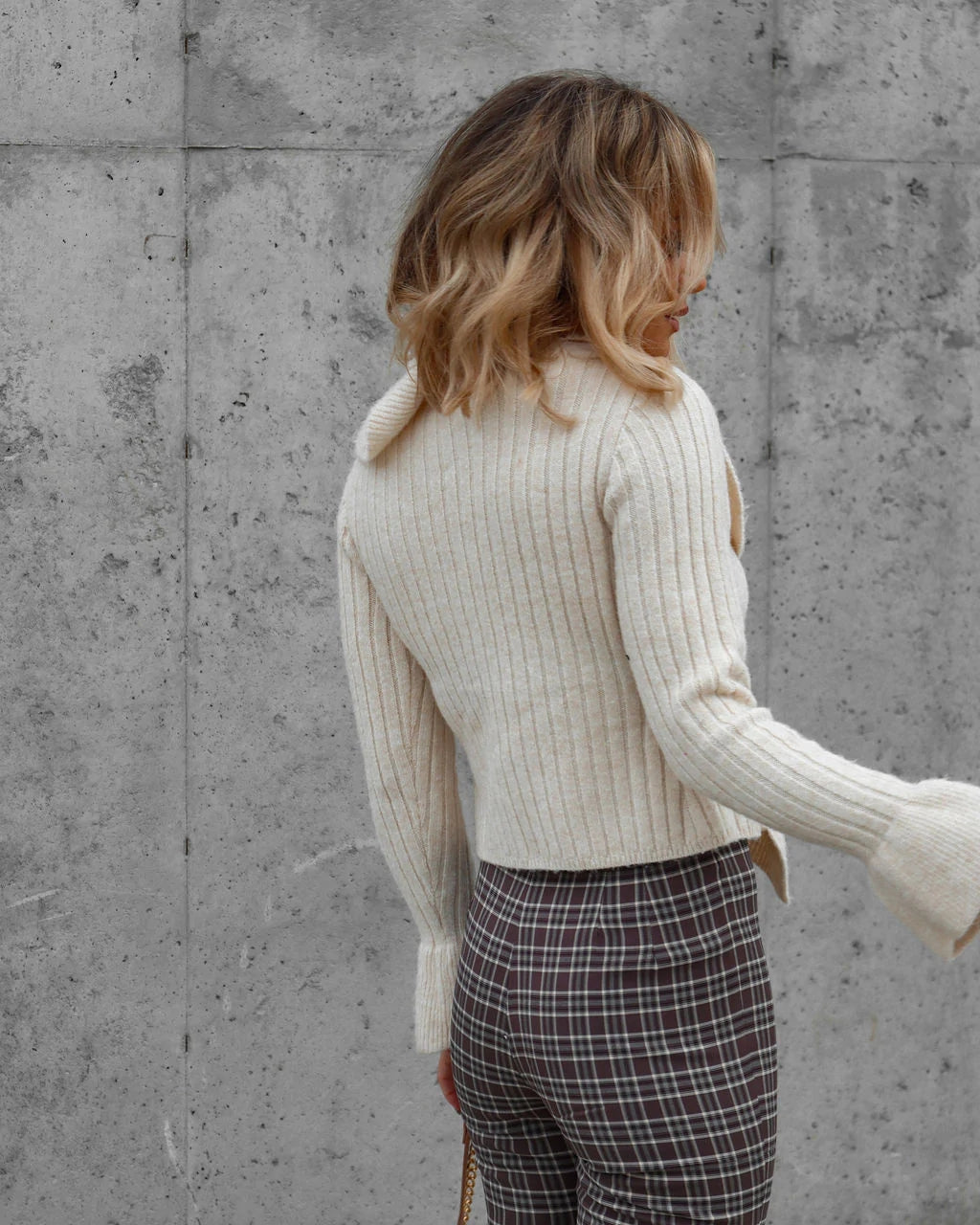 Cream Ribbed Knit Ruffled Cardigan