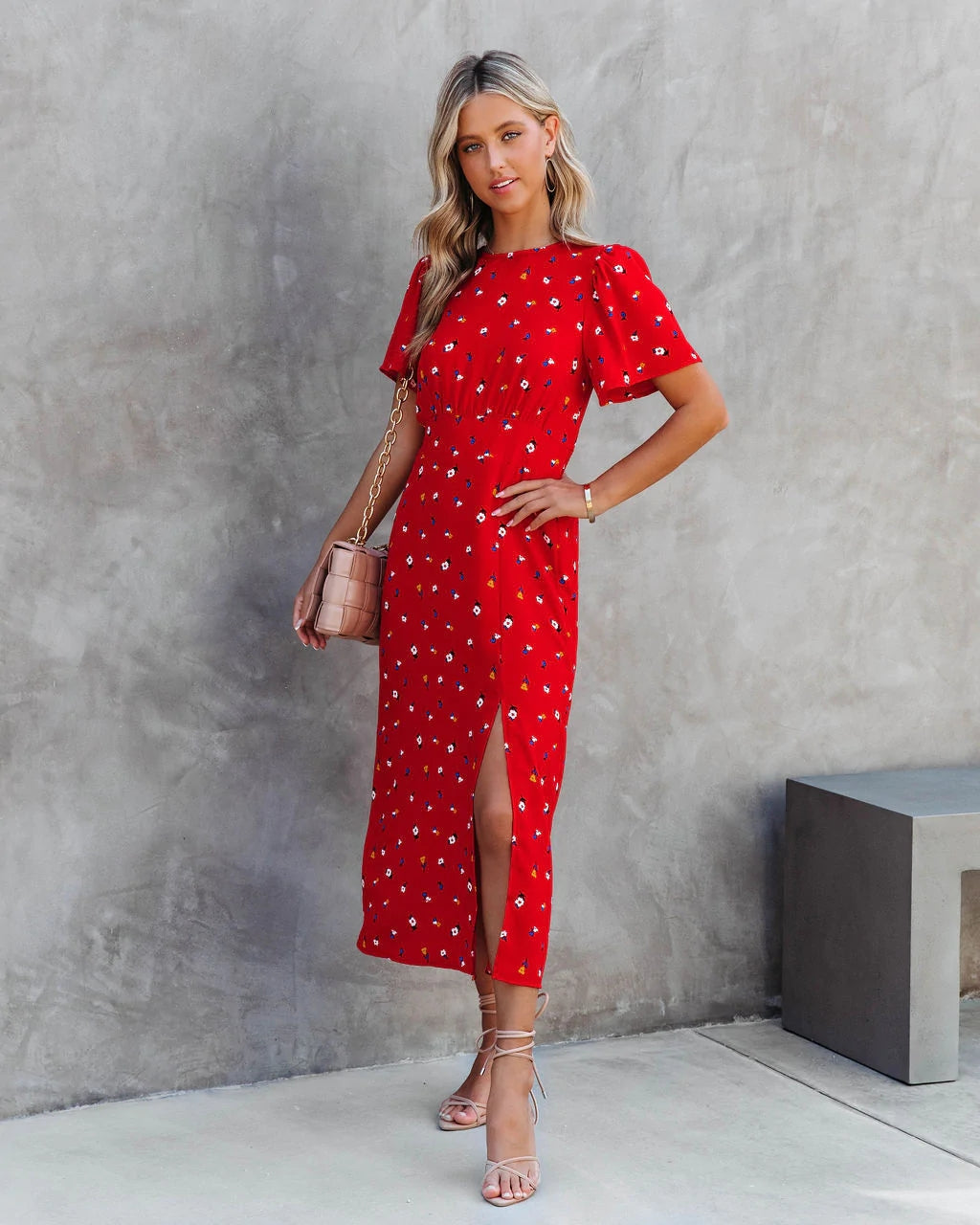 Red Floral Midi Dress