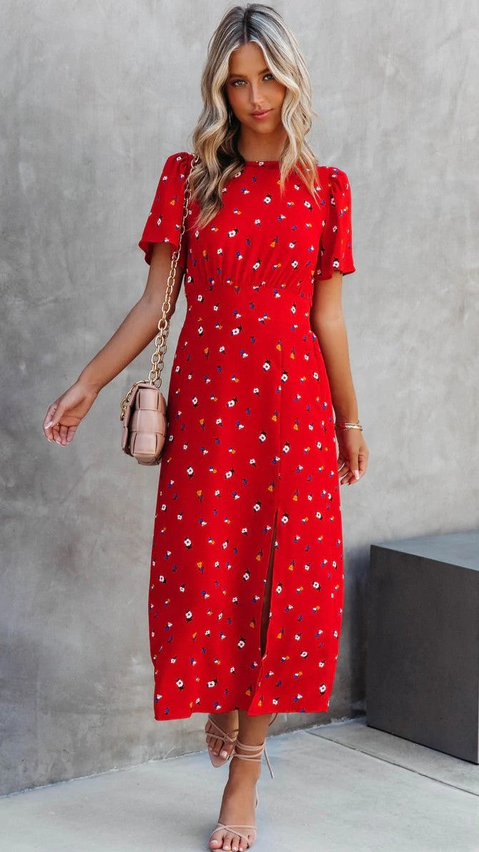 Red Floral Midi Dress