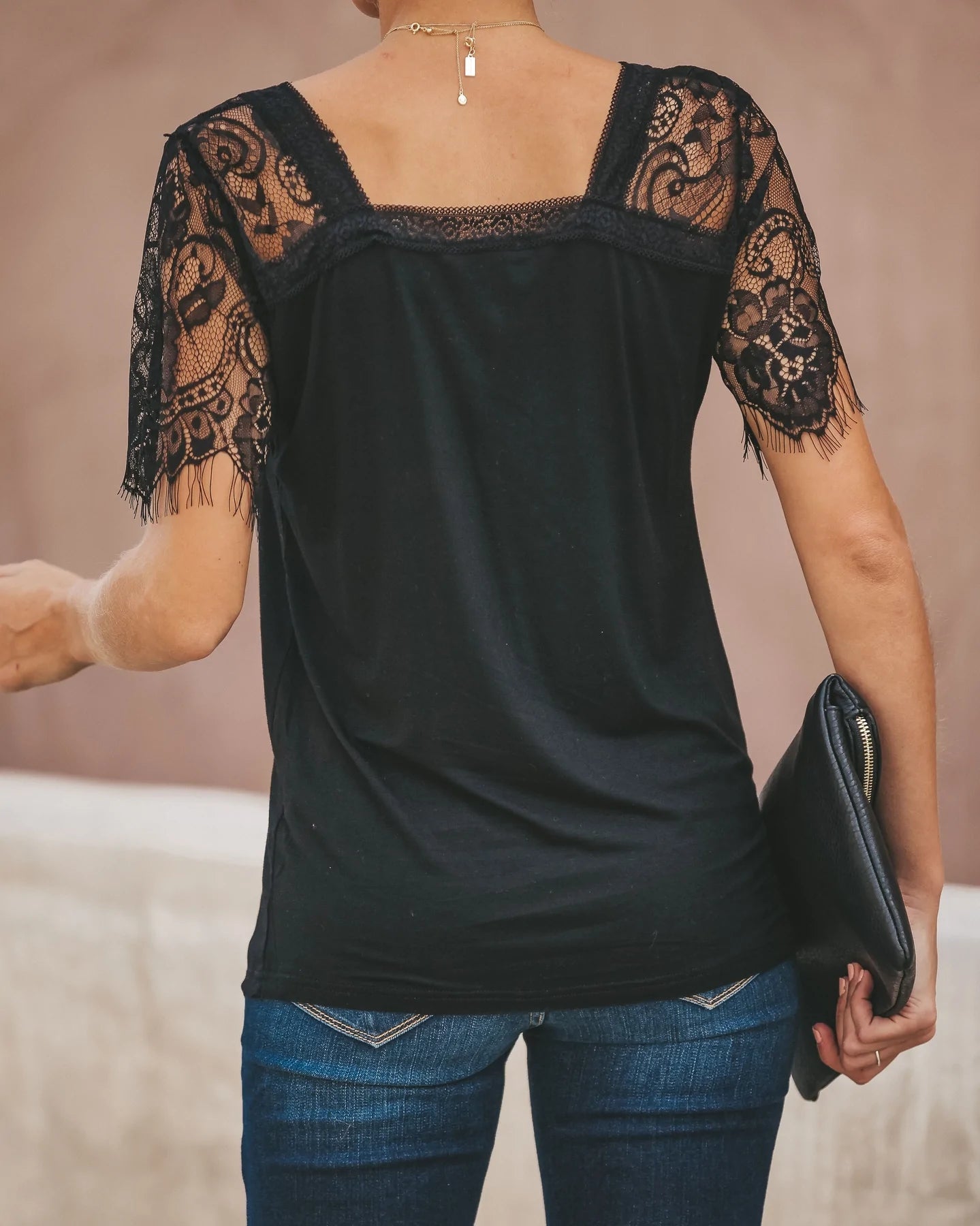 Black Crochet Lace Short Sleeves Tee