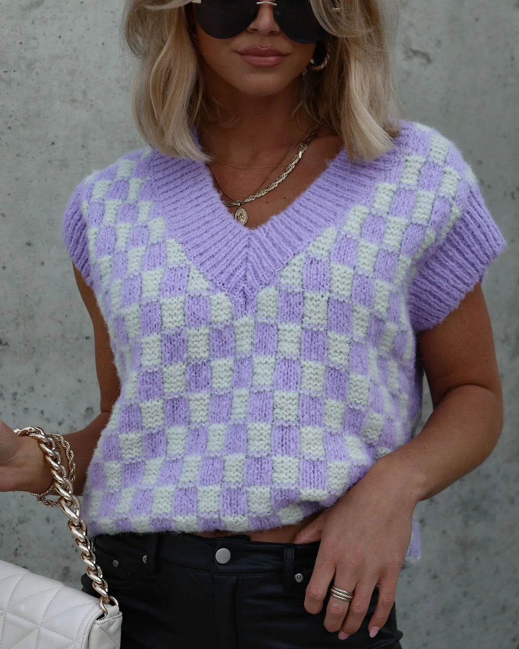 Purple Checkered Print Knit Vest