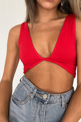 Red Ribbed Front Twist Crop Top