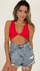 Red Ribbed Front Twist Crop Top