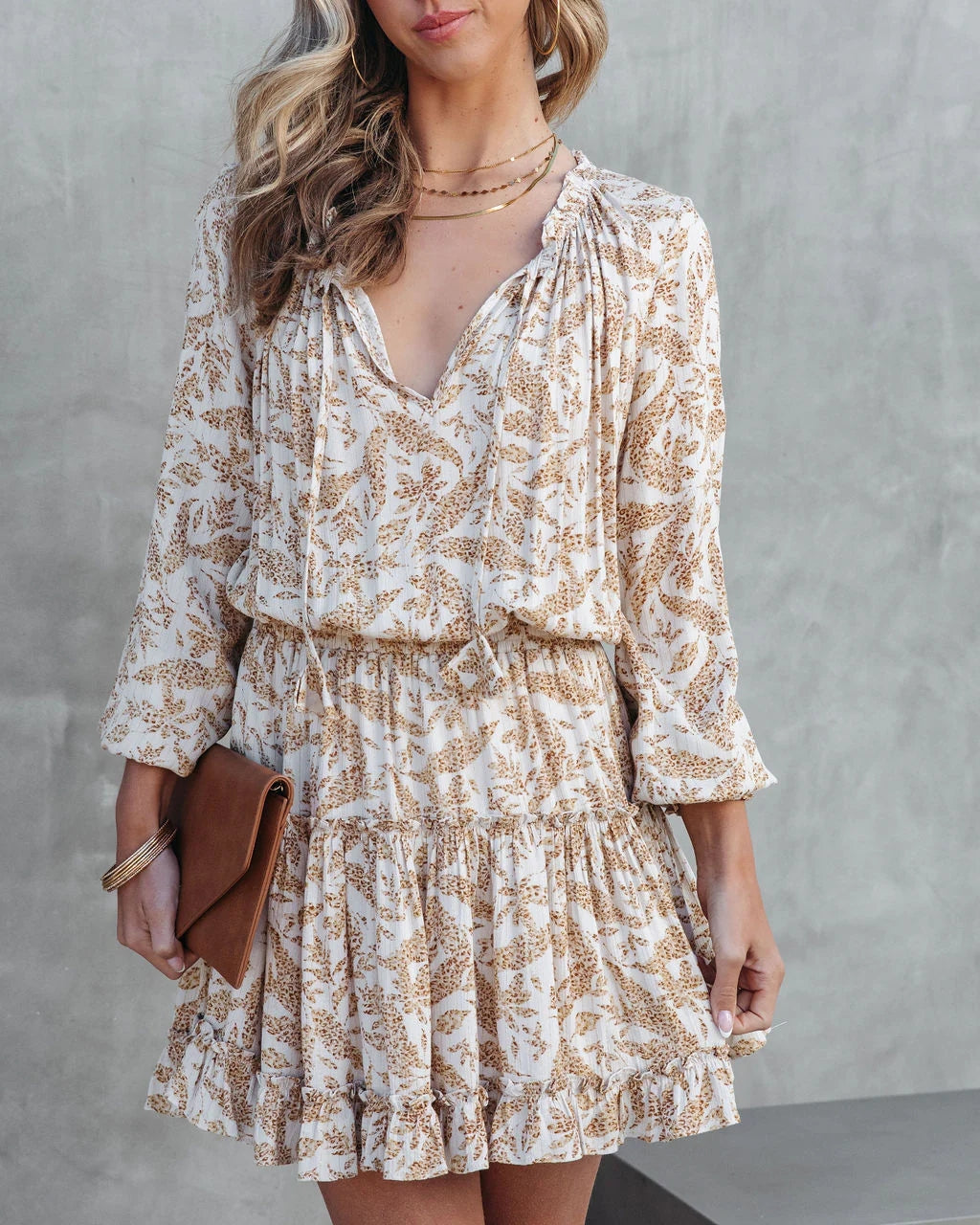 Khaki Leaves Silhouette Long Sleeves Dress