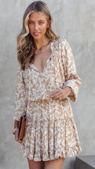 Khaki Leaves Silhouette Long Sleeves Dress